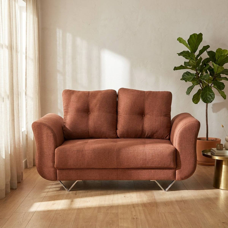 Rust brown 2 seater fabric sofa in a modern living room