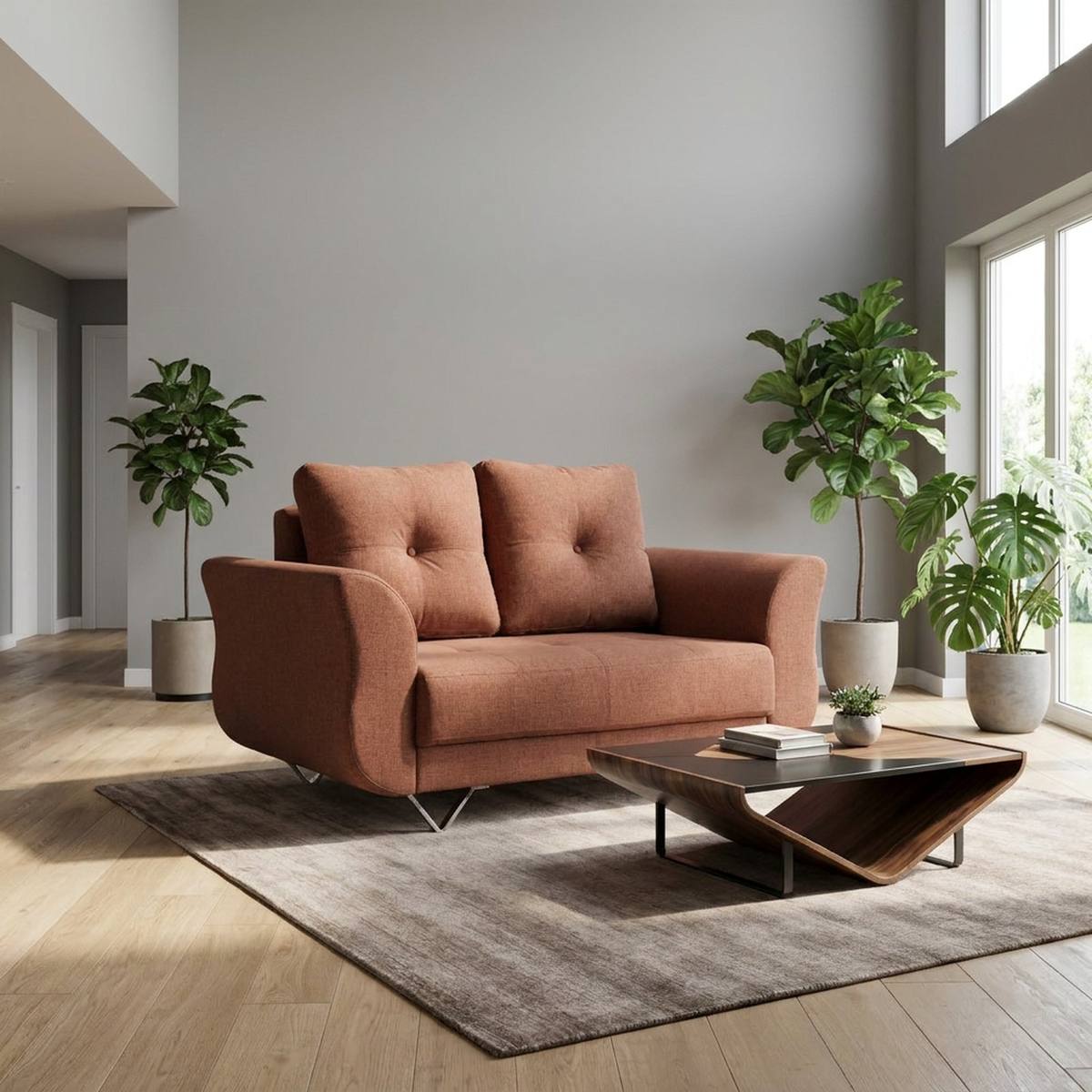 Rust brown 2 seater sofa near a window