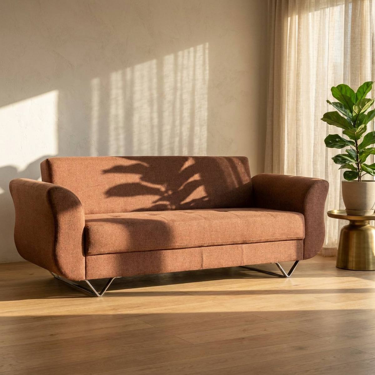 Rust brown 3 seater fabric sofa in a modern living room