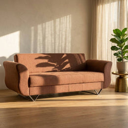Rust brown 3 seater fabric sofa in a modern living room