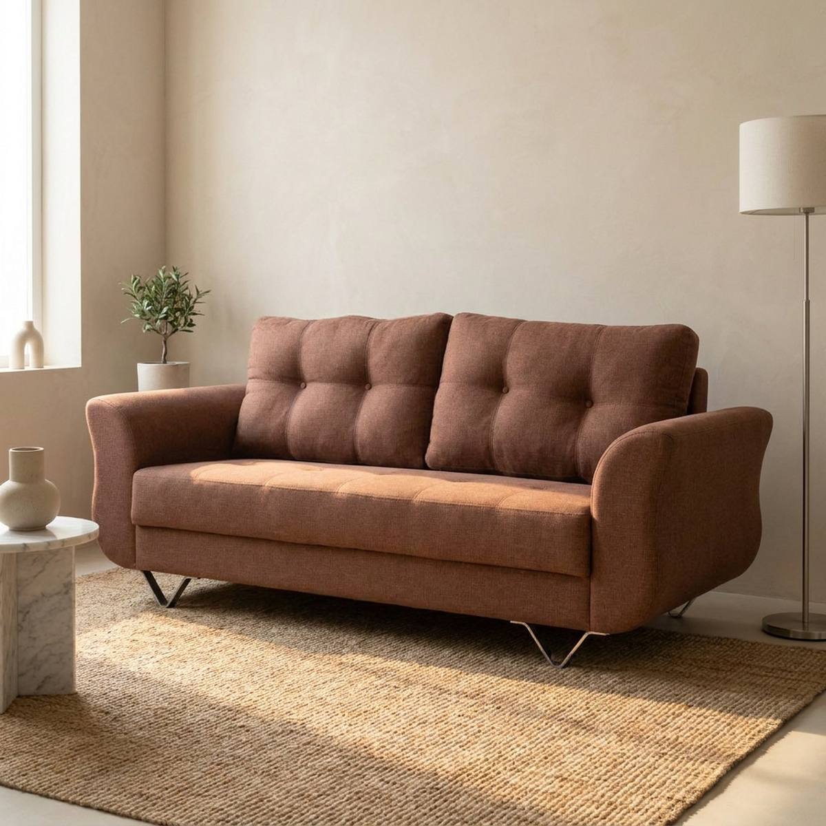 Rust brown 3 seater sofa with coffee table