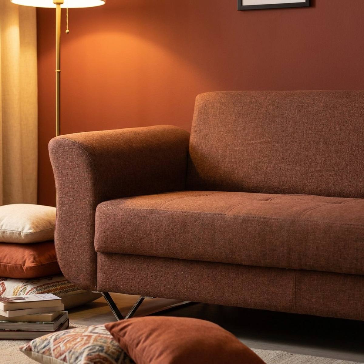 Rust brown 3 seater sofa with cushions and rug