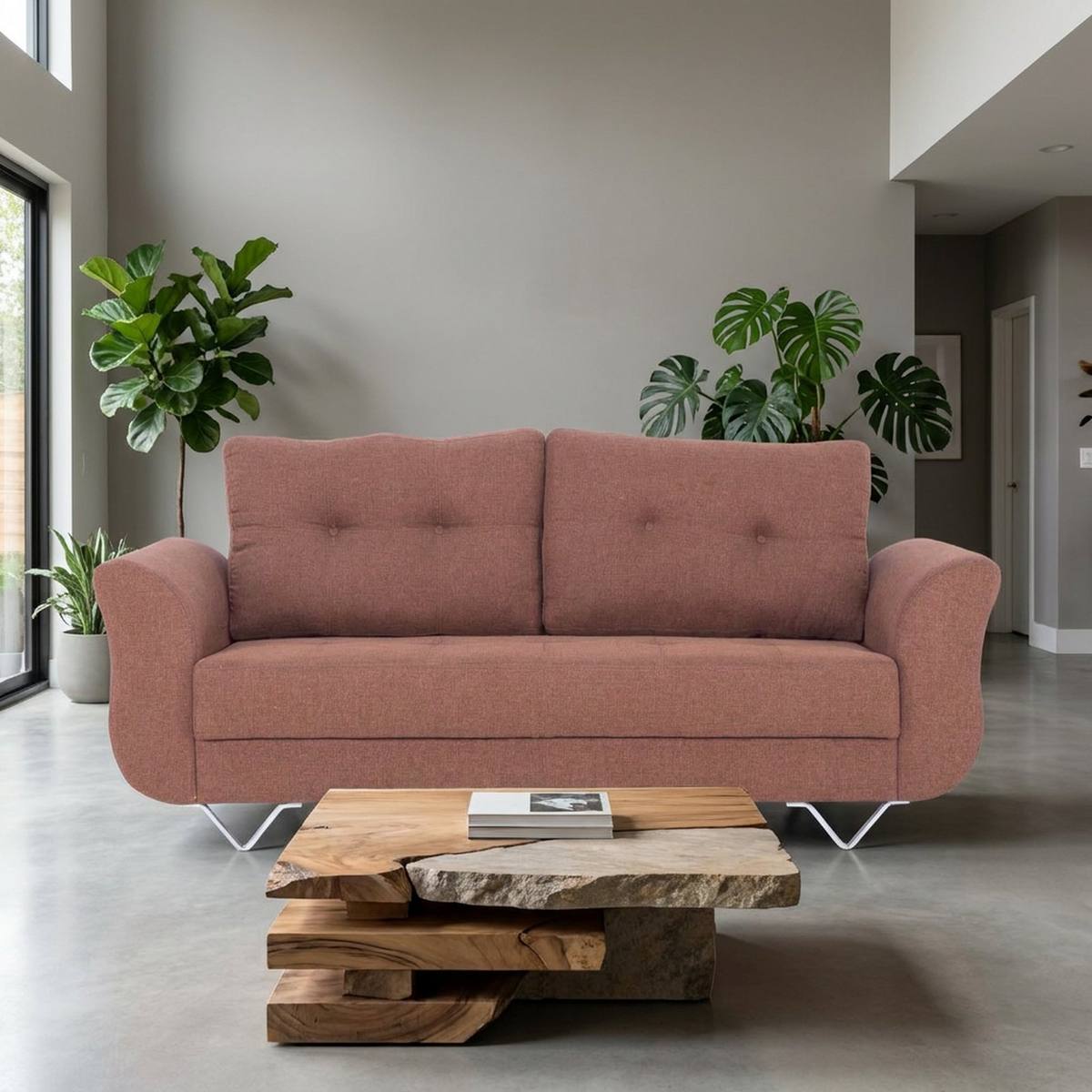 Rust brown 3 seater sofa near a window