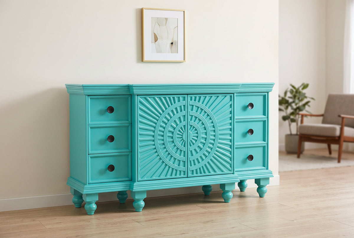 Turquoise sunburst sideboard angled view in a living room