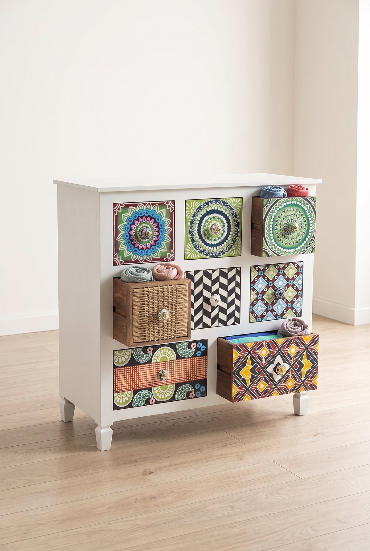 Tile print chest with drawers open showing folded clothes