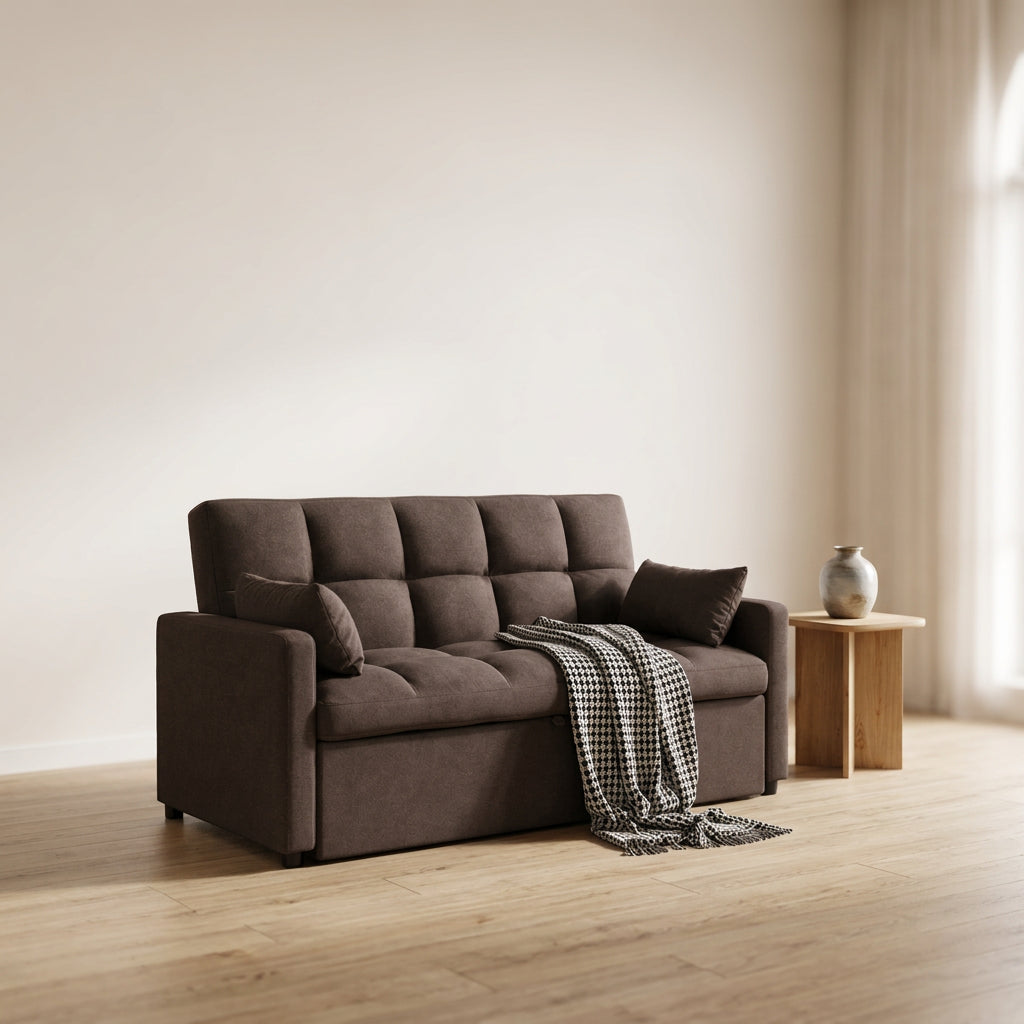 Rivera dark brown sofa cum bed in a warm minimal living room