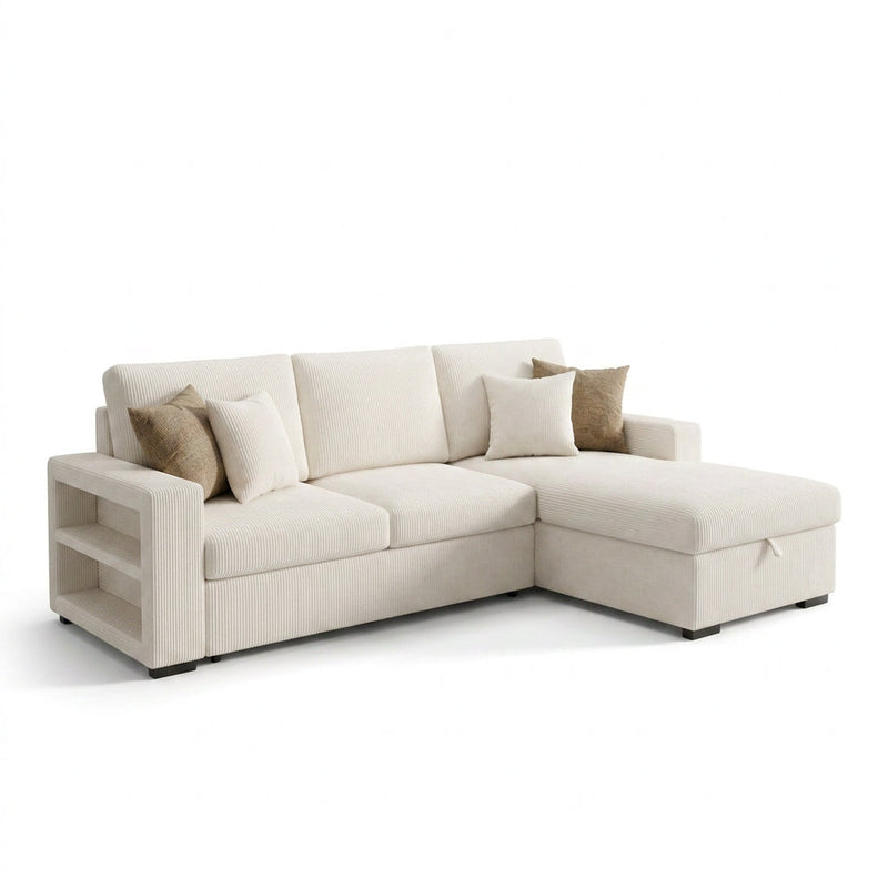 Solace ivory corduroy L shape sofa cum bed on white background