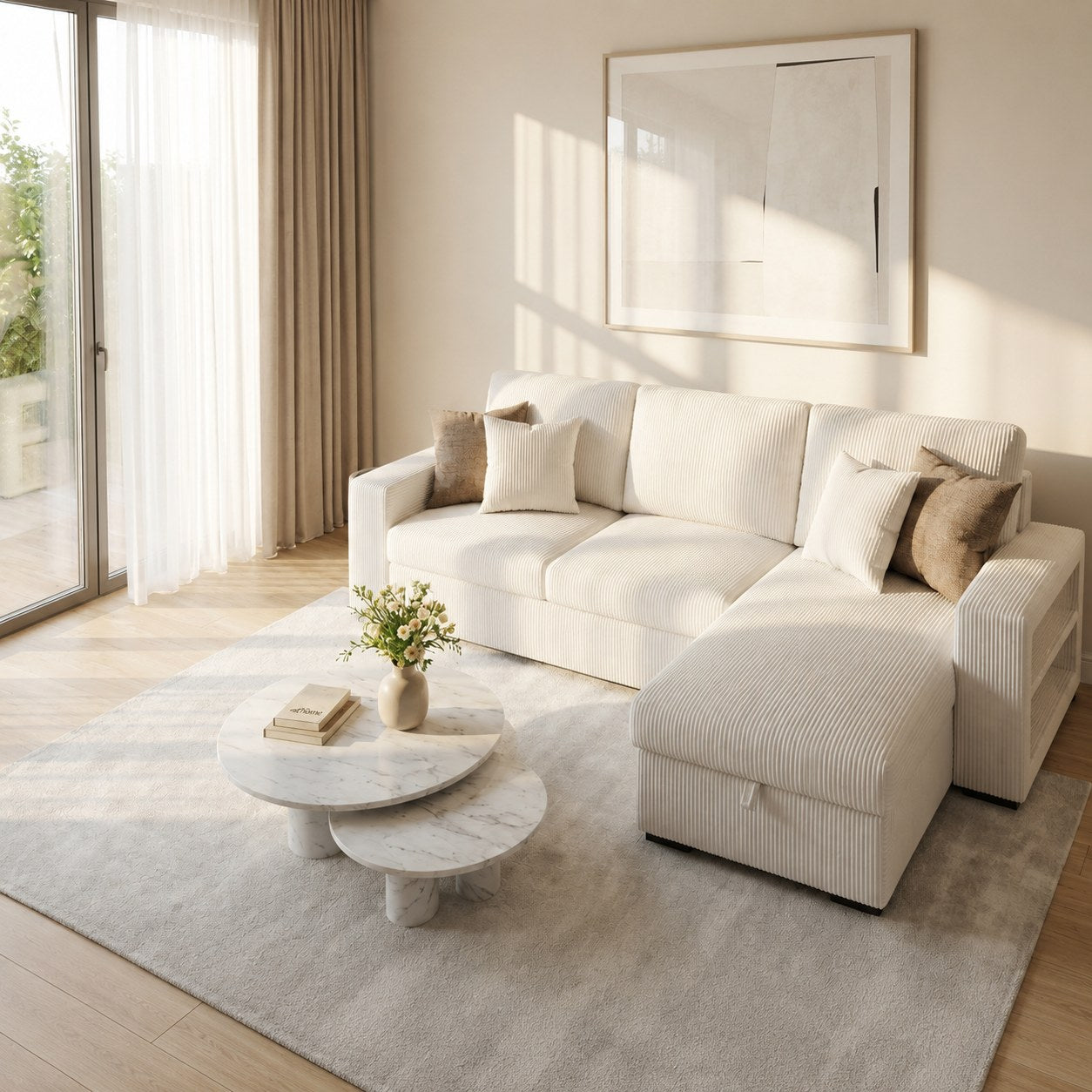 Solace corduroy sofa cum bed with storage chaise
