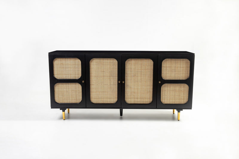 Black and cane four door sideboard front view on plain background